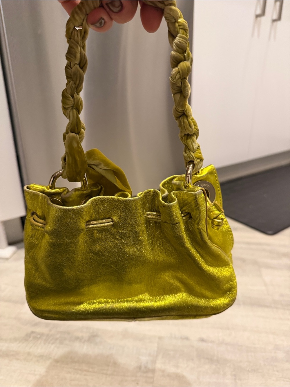 Kate spade metallic + velvet Drawstring Bag in Chartreuse